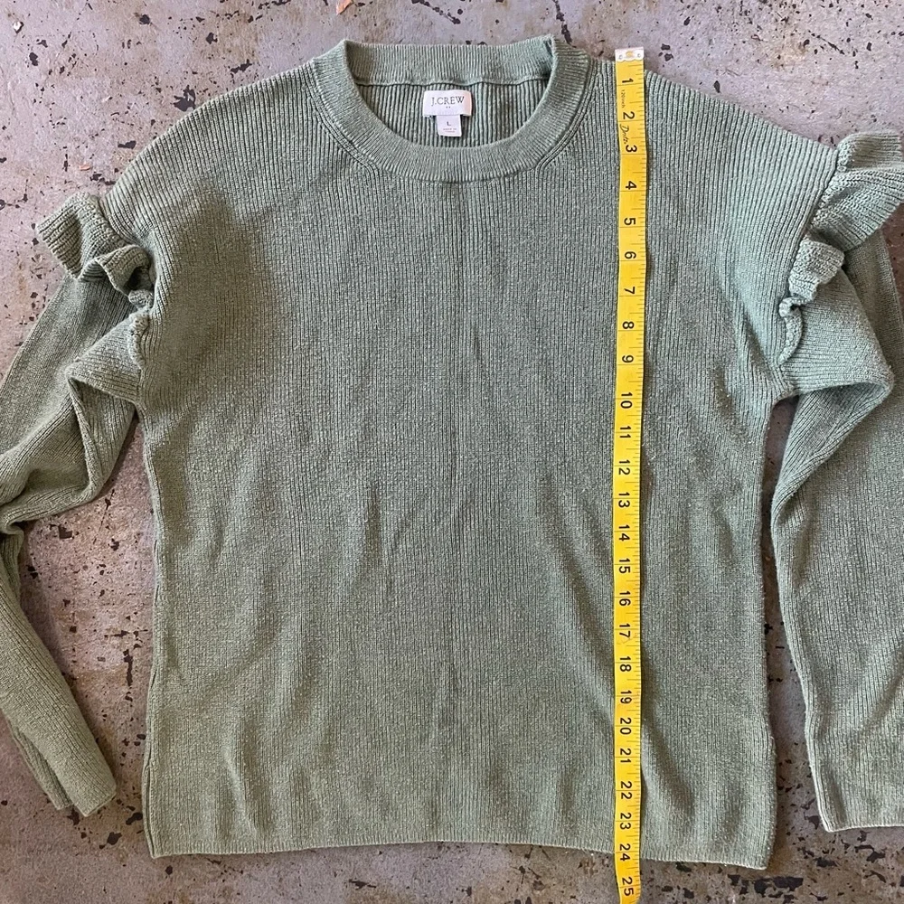 J. Crew Women's Sage Green Cotton Ruffle Long Sleeve Lightweight Sweater Sz L